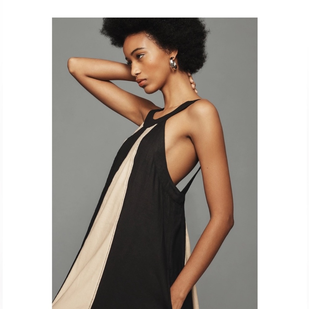 Anthropologie Maeve 1X The Ami Linen Halter Maxi Dress Striped Colorblock - Picture 2 of 16